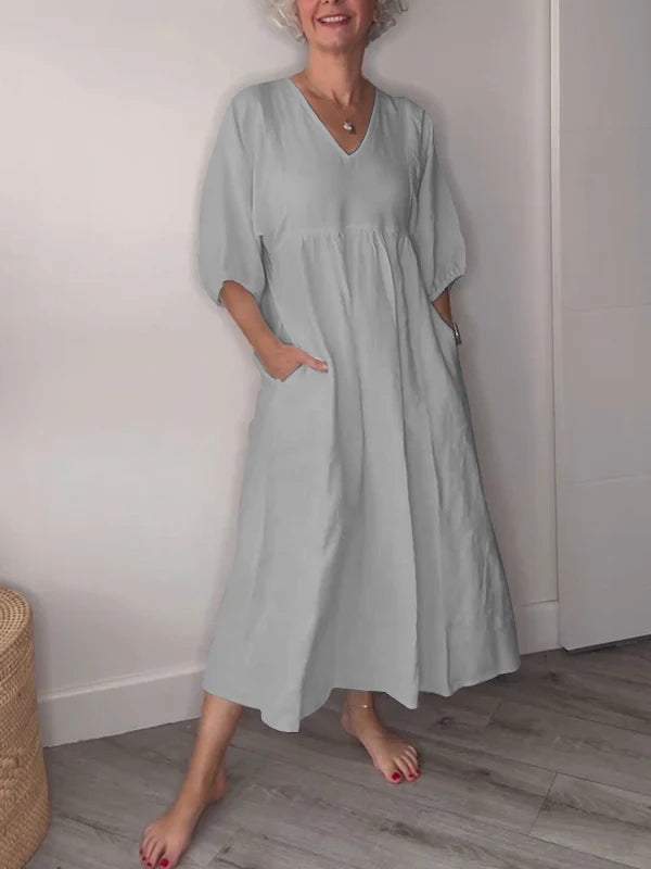 Elara | Women’s V-Neck Midi Dress with Pockets