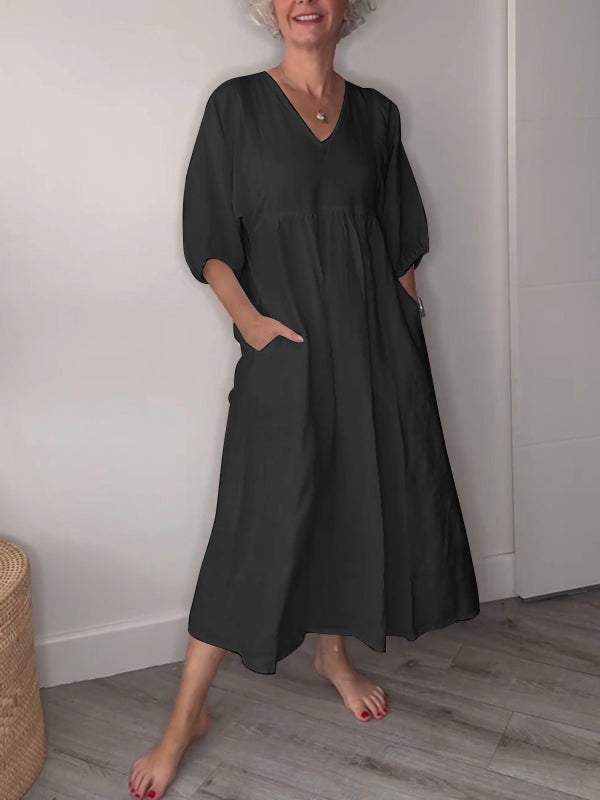 Elara | Women’s V-Neck Midi Dress with Pockets
