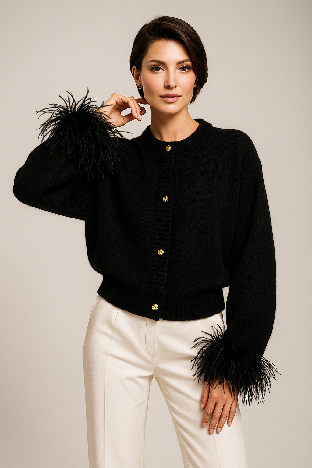 Katarina | Women’s Feather Trim Cardigan with Button Closure