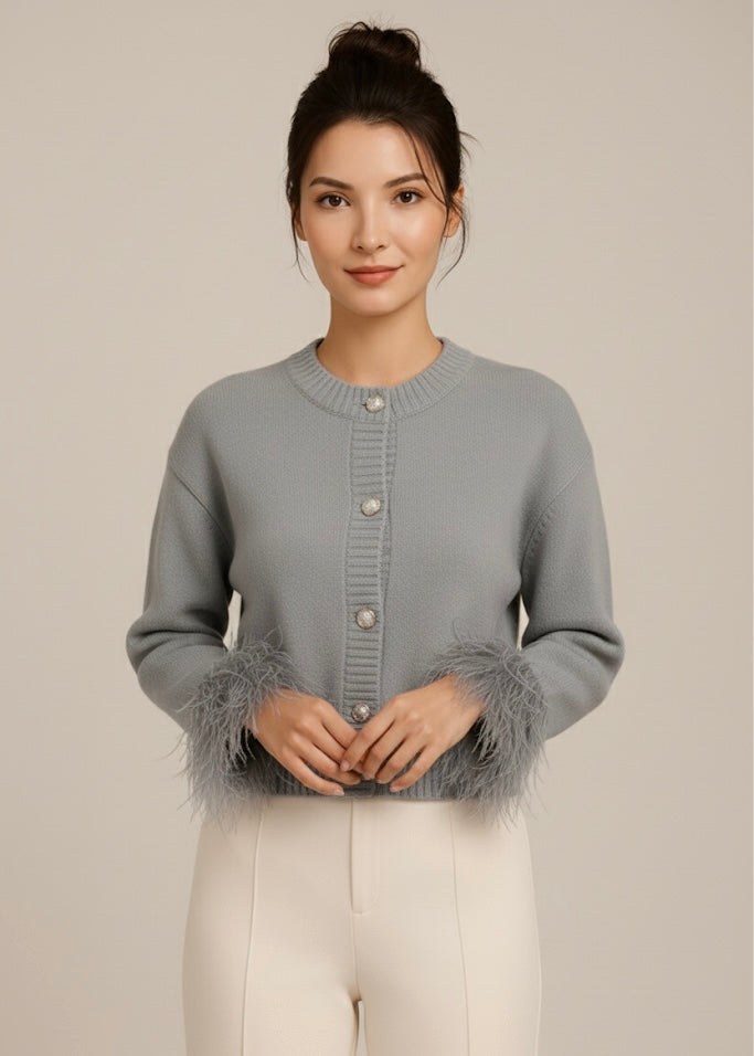 Katarina | Women’s Feather Trim Cardigan with Button Closure