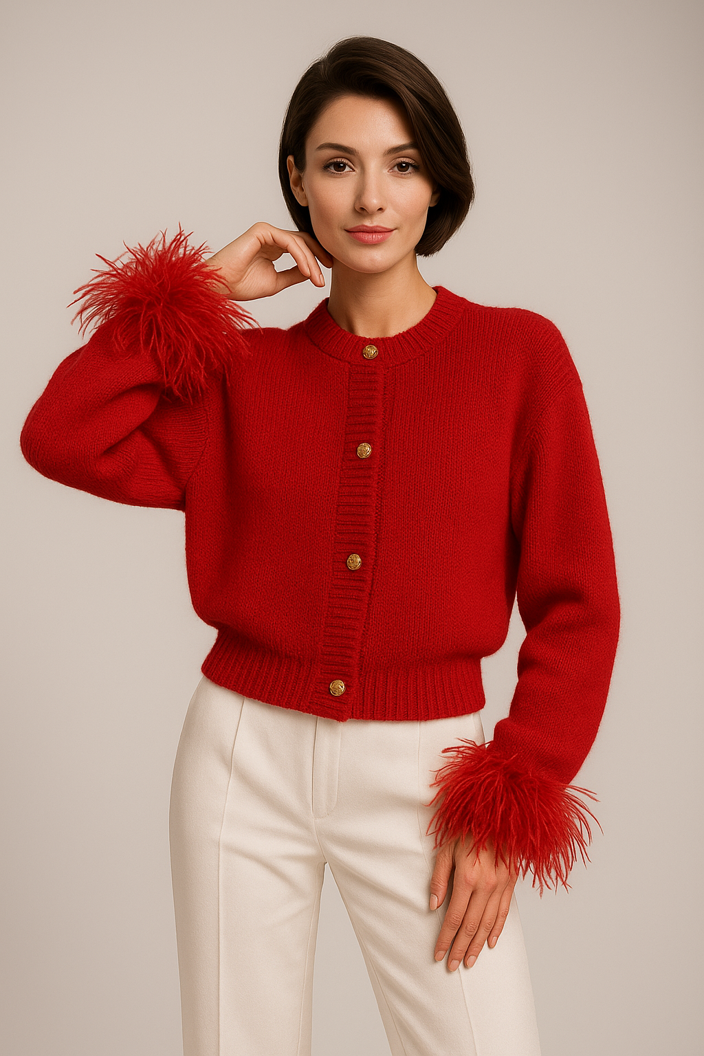 Katarina | Women’s Feather Trim Cardigan with Button Closure