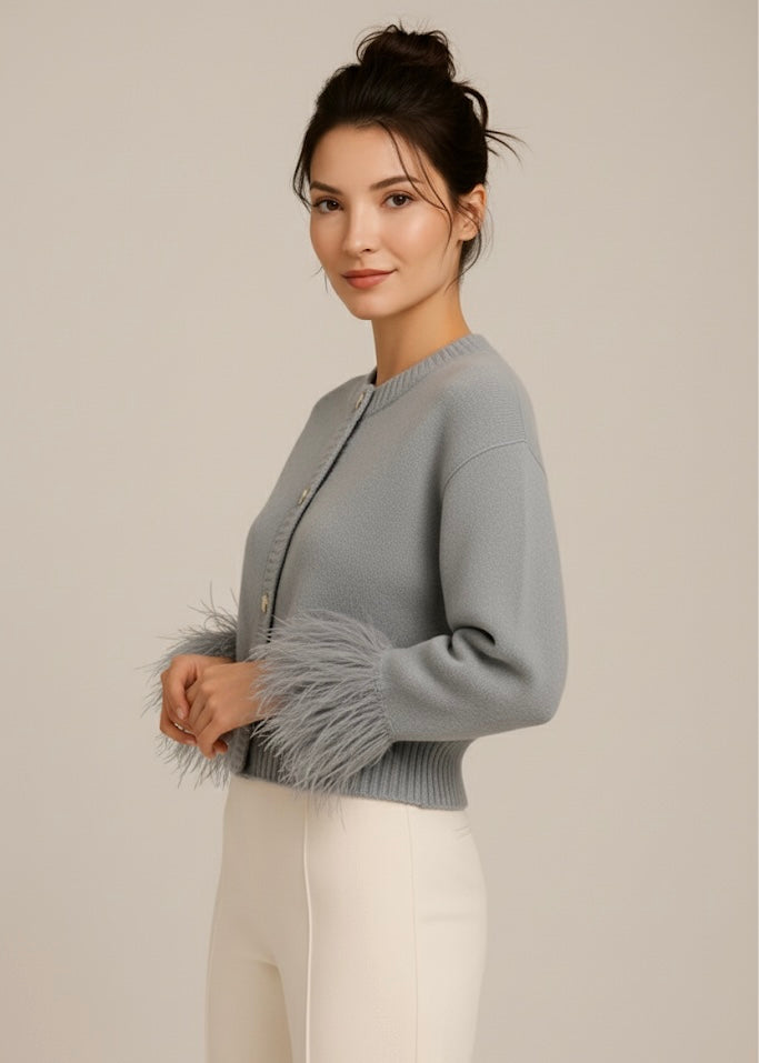 Katarina | Women’s Feather Trim Cardigan with Button Closure