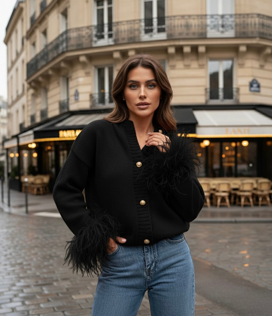 Katarina | Women’s Feather Trim Cardigan with Button Closure