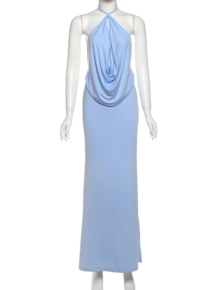 Halter Neck Maxi Dress – Draped Elegant Evening Dress for Women