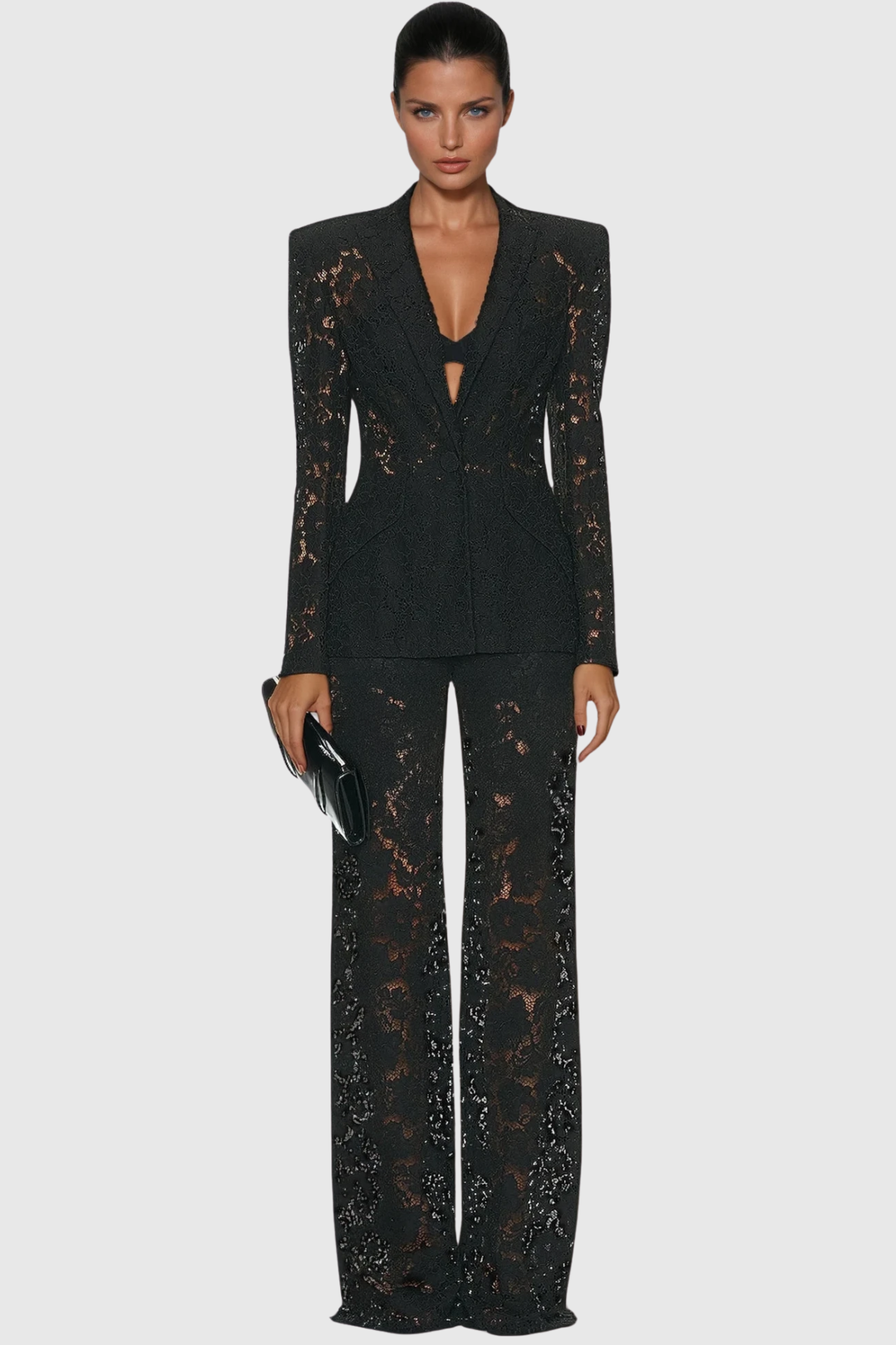 Long Sleeve Lace Blazer and Wide-Leg Trousers Two-Piece Suit Set