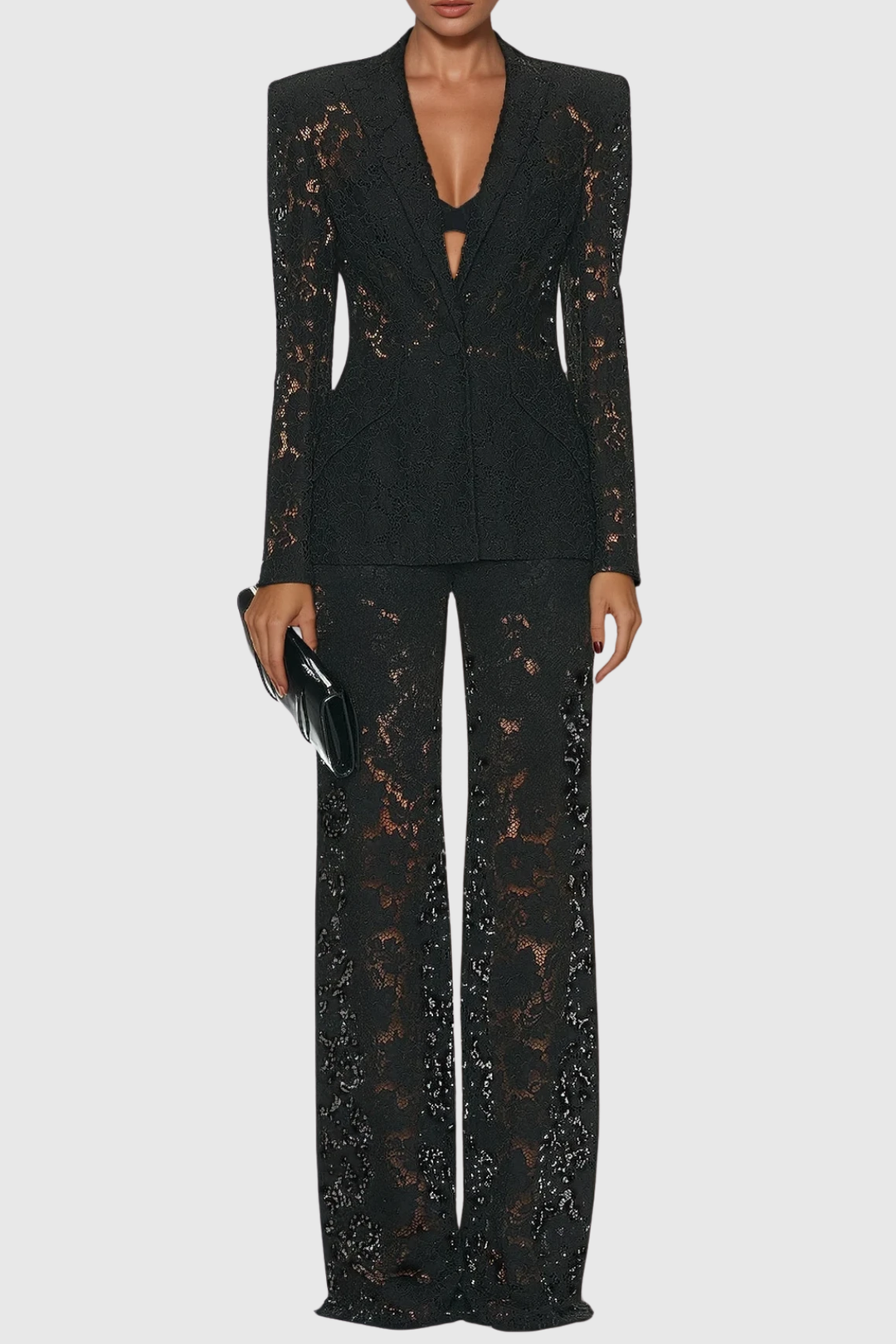 Long Sleeve Lace Blazer and Wide-Leg Trousers Two-Piece Suit Set