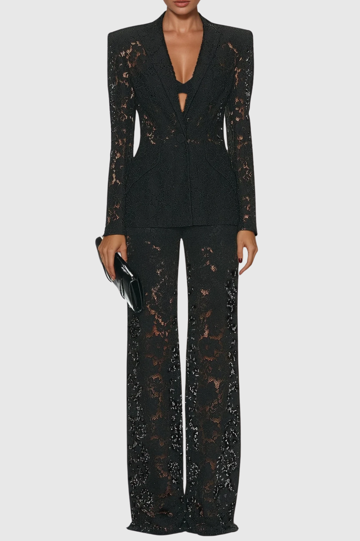 Long Sleeve Lace Blazer and Wide-Leg Trousers Two-Piece Suit Set