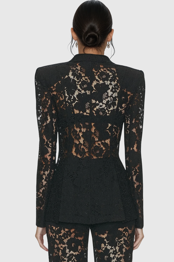 Long Sleeve Lace Blazer and Wide-Leg Trousers Two-Piece Suit Set