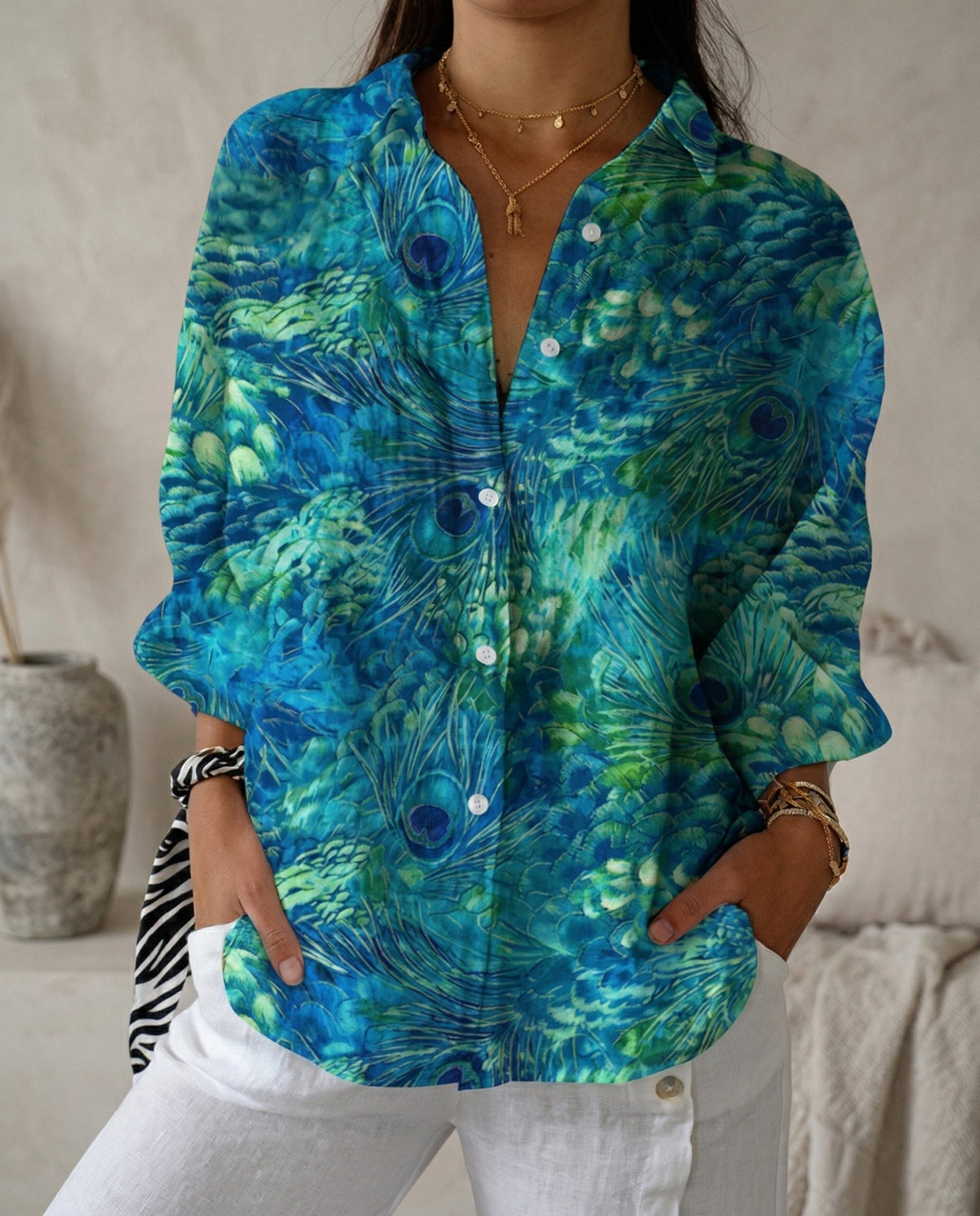 Lysithia | Women’s Peacock Print Shirt with Button Front