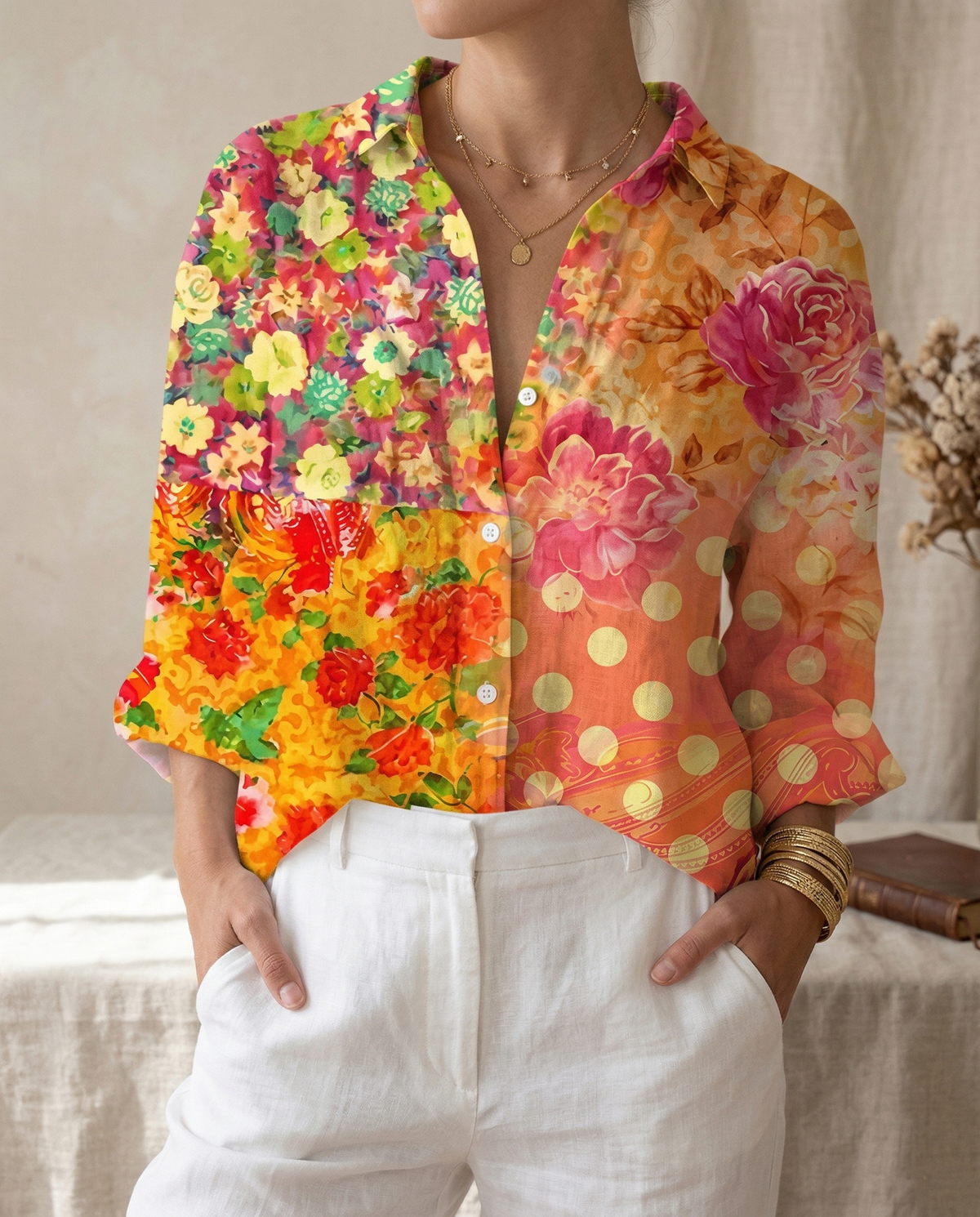 Lysithia | Women’s Peacock Print Shirt with Button Front