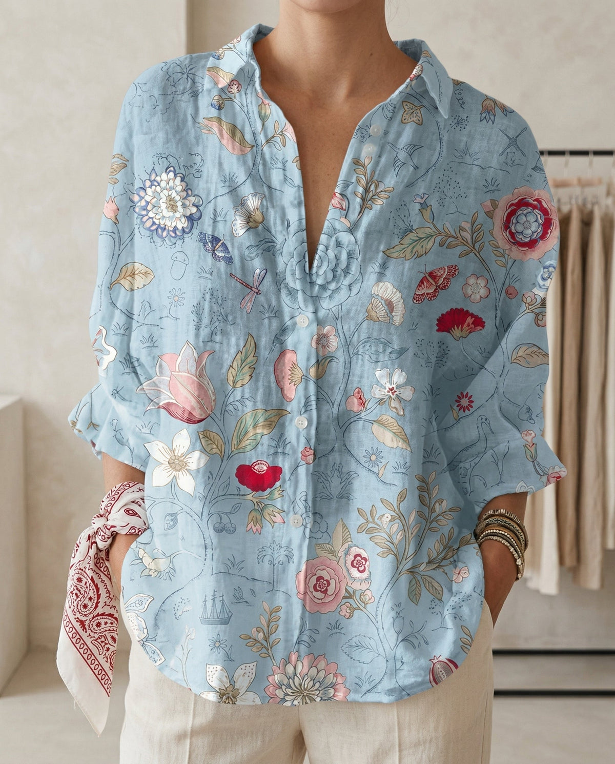 Lysithia | Women’s Peacock Print Shirt with Button Front