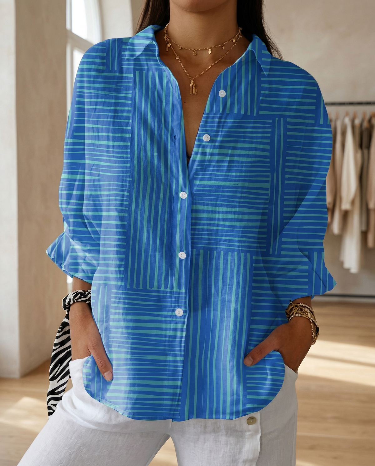 Lysithia | Women’s Peacock Print Shirt with Button Front