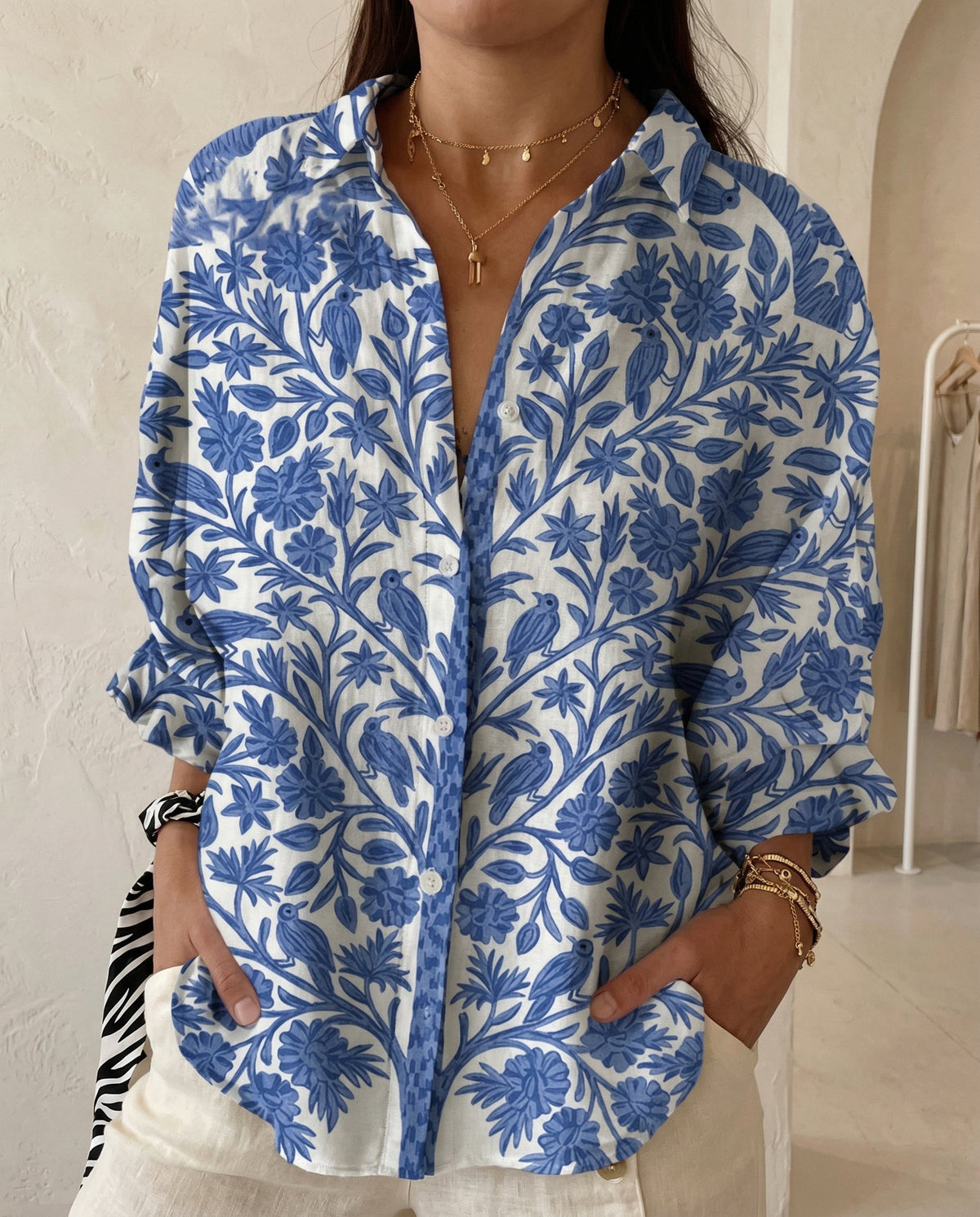 Lysithia | Women’s Peacock Print Shirt with Button Front