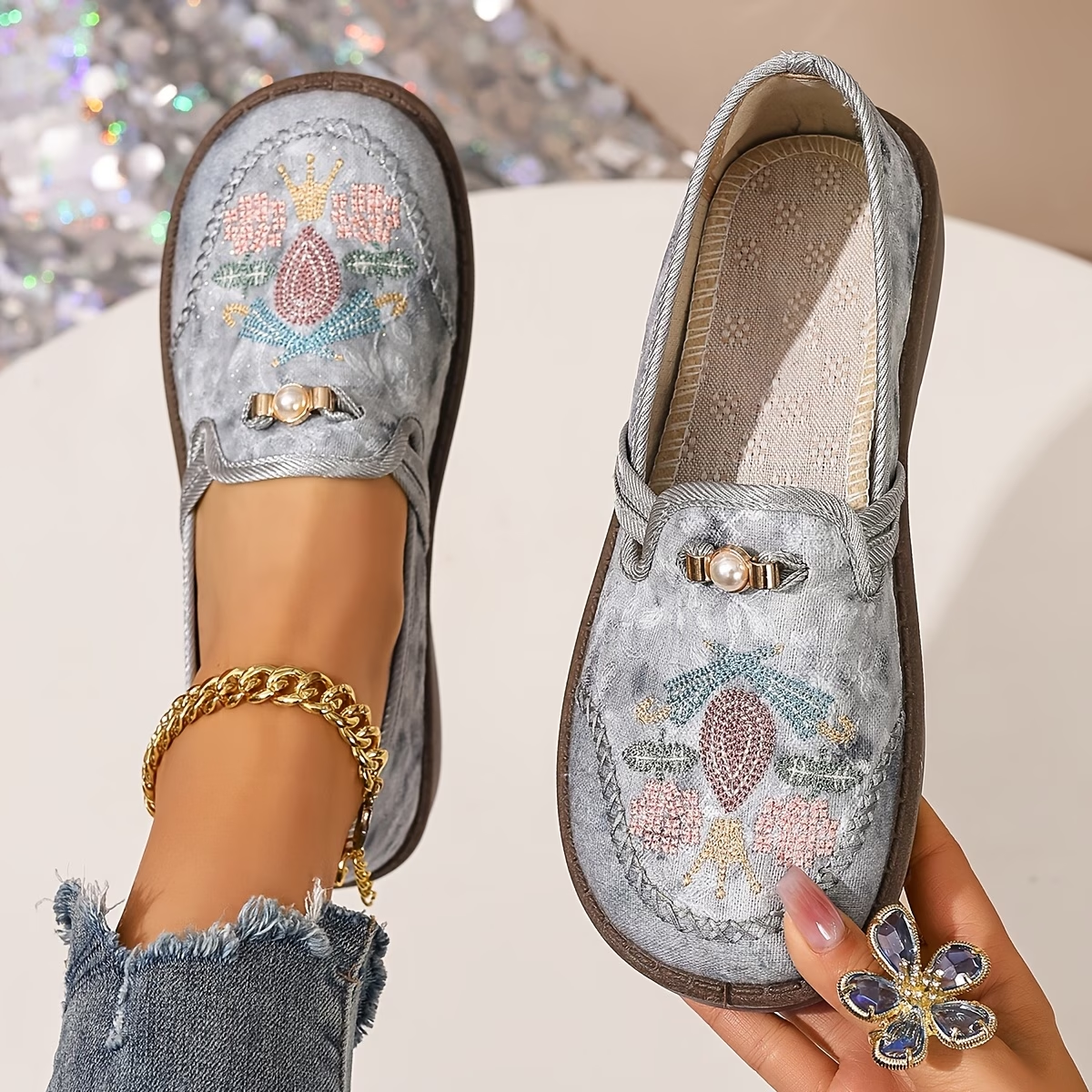 Maeve | Women’s Floral Embellished Flats with Pearl Details