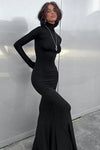 Formal Black Evening Long‑Sleeve Turtleneck Maxi Dress