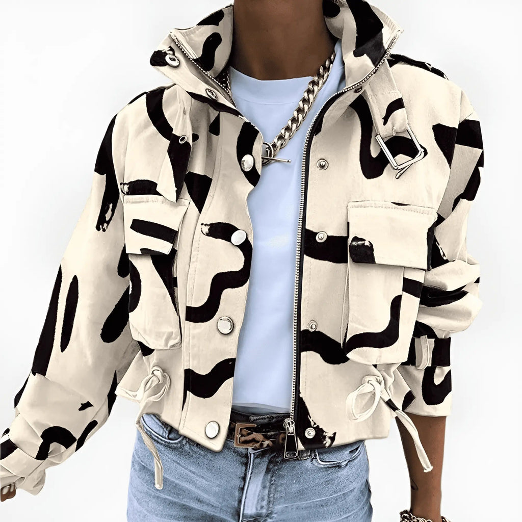 Marlowe | Women’s Abstract Print Cropped Jacket with Pockets