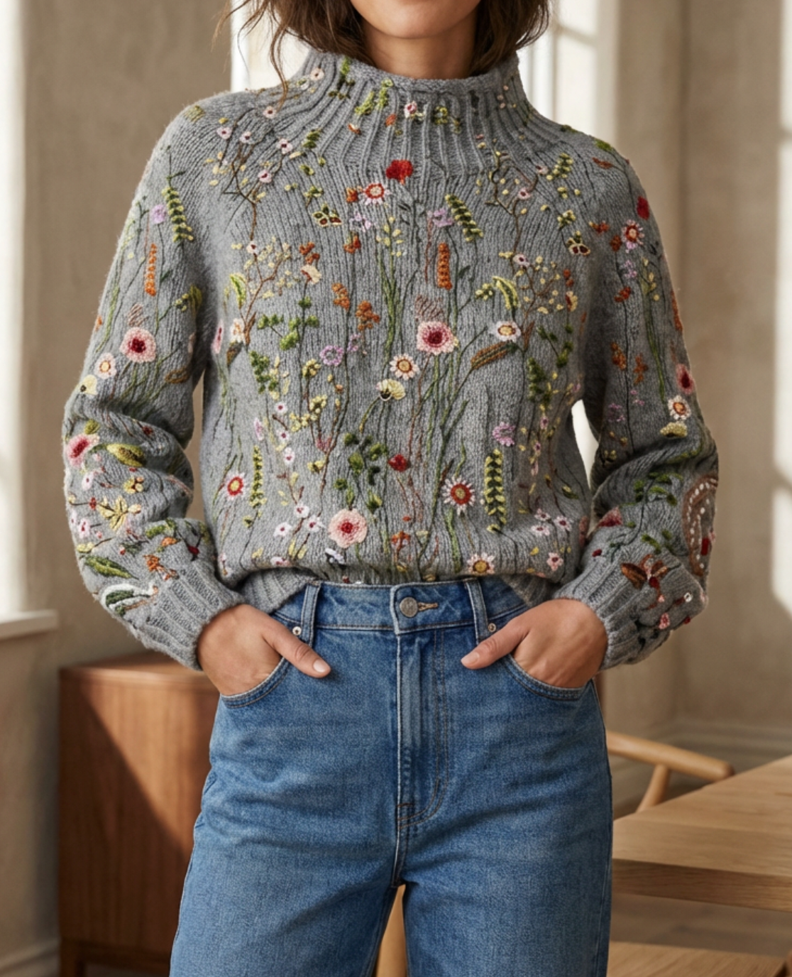 Miranda | Women’s Floral Embroidered Mock Turtleneck with Fit