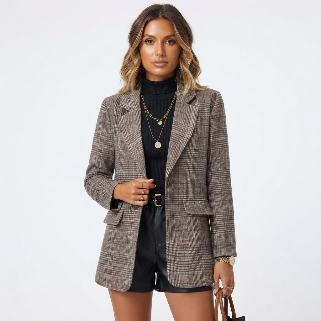 Molly Gordon | Plaid Single-Button Blazer Jacket For Women