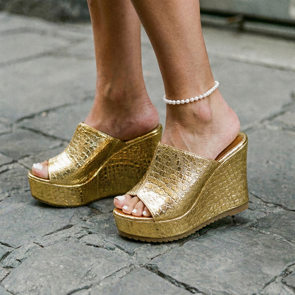 Nicolette |Women’s Gold Platform Wedge Sandals with Texture