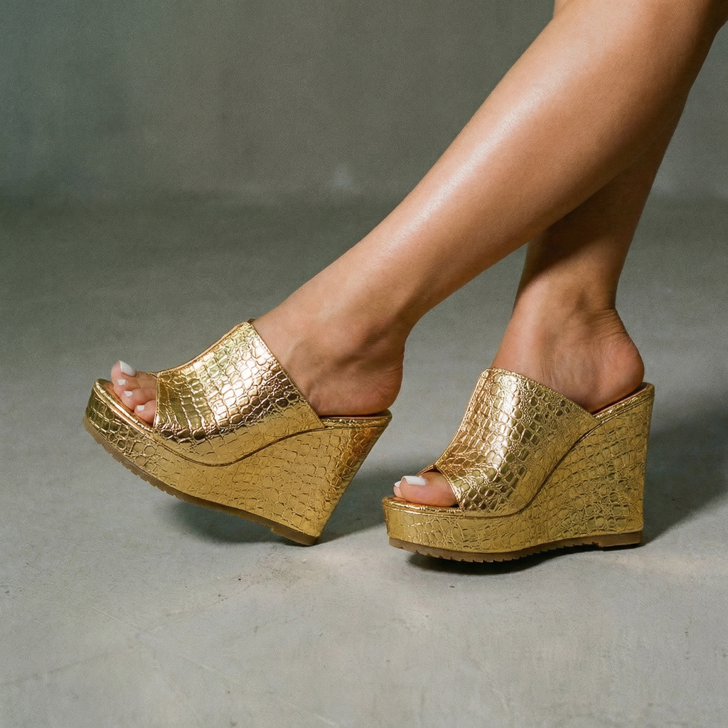 Nicolette |Women’s Gold Platform Wedge Sandals with Texture