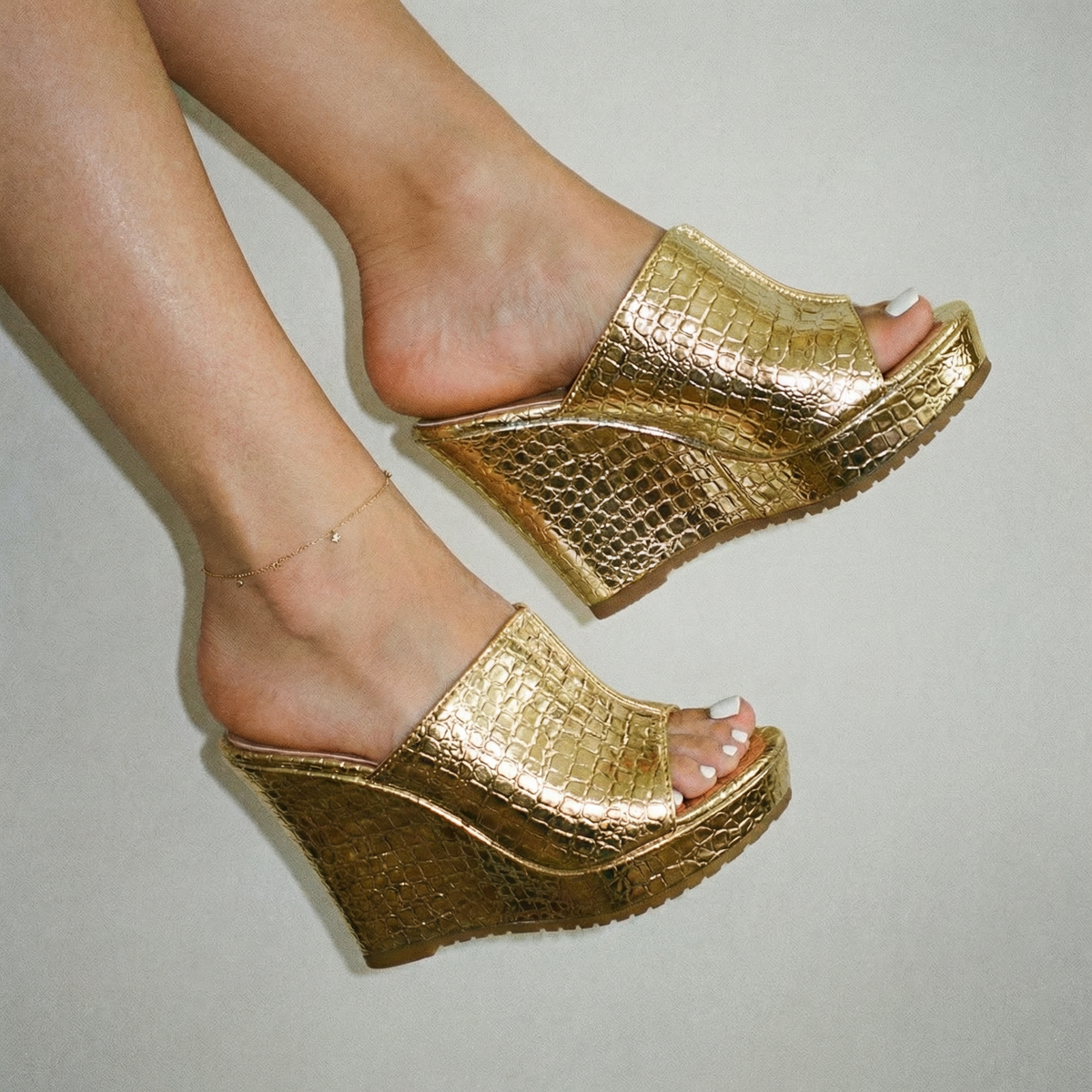 Nicolette |Women’s Gold Platform Wedge Sandals with Texture