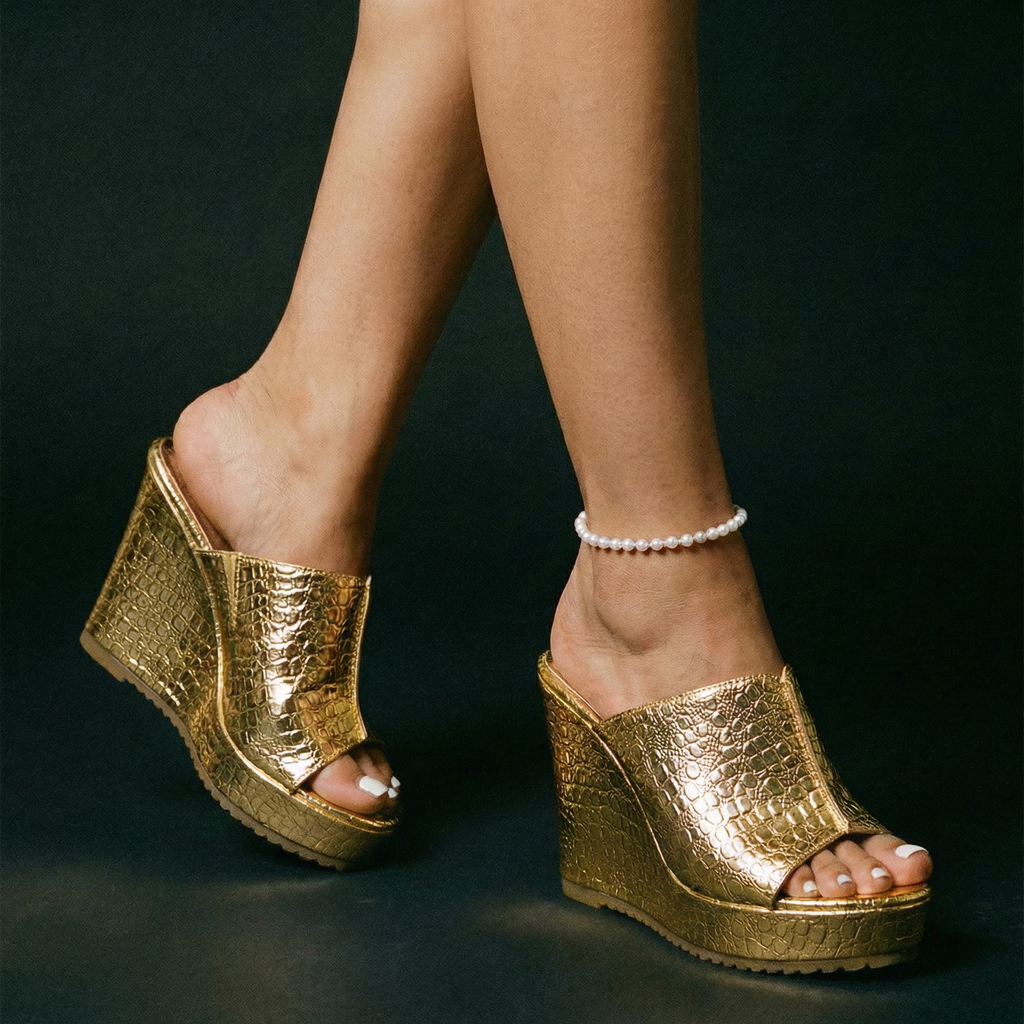 Nicolette |Women’s Gold Platform Wedge Sandals with Texture