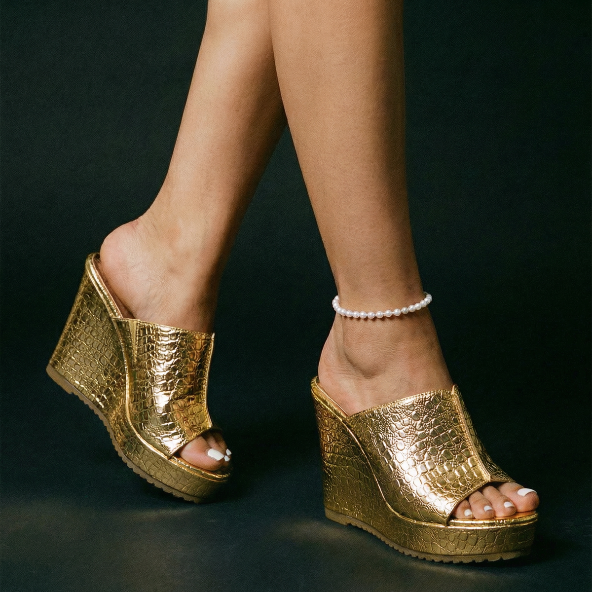 Nicolette |Women’s Gold Platform Wedge Sandals with Texture