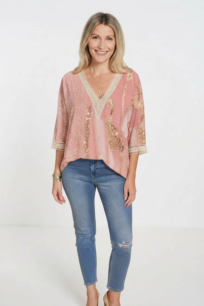Olivia Sutherland | Romantic Rose &amp; Gold Print Blouse For Women