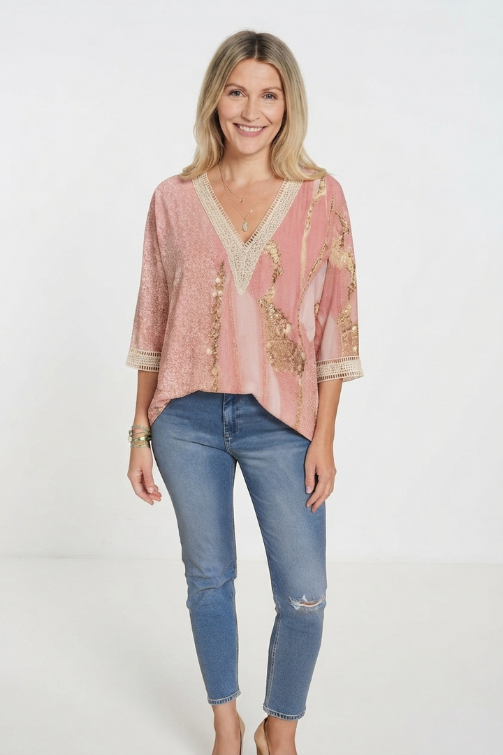 Olivia Sutherland | Romantic Rose &amp; Gold Print Blouse For Women