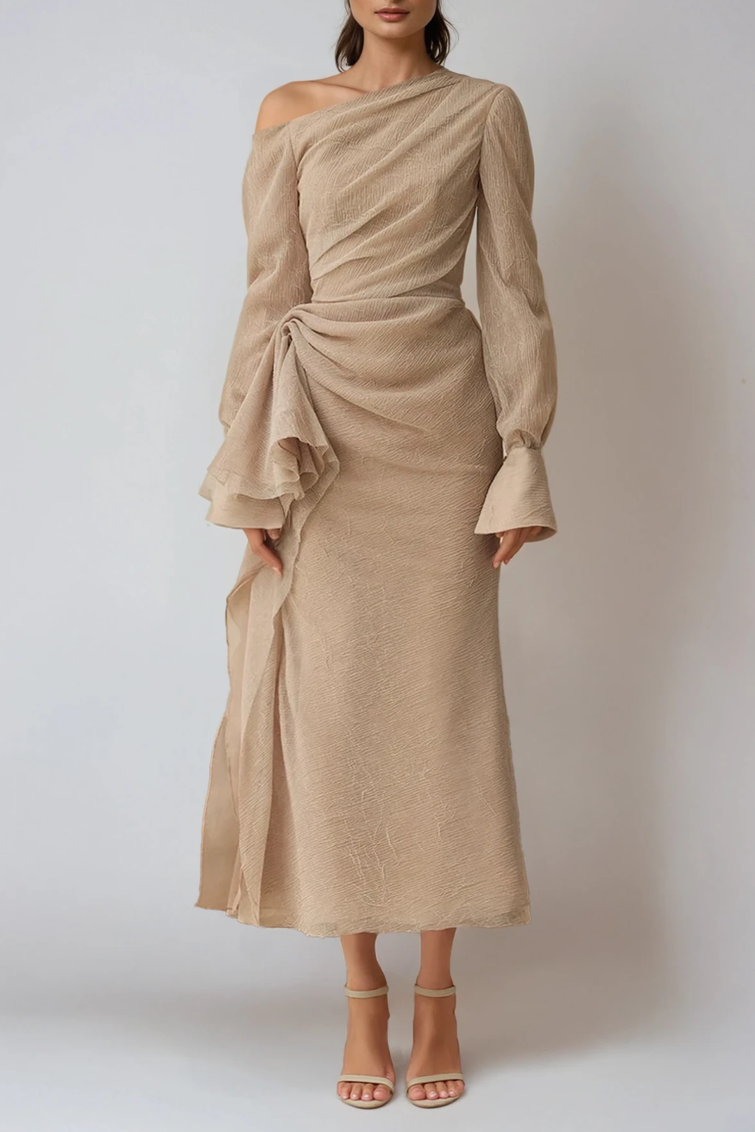 One-Shoulder Draped Long Sleeve Formal Maxi Dress