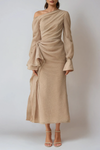One-Shoulder Draped Long Sleeve Formal Maxi Dress