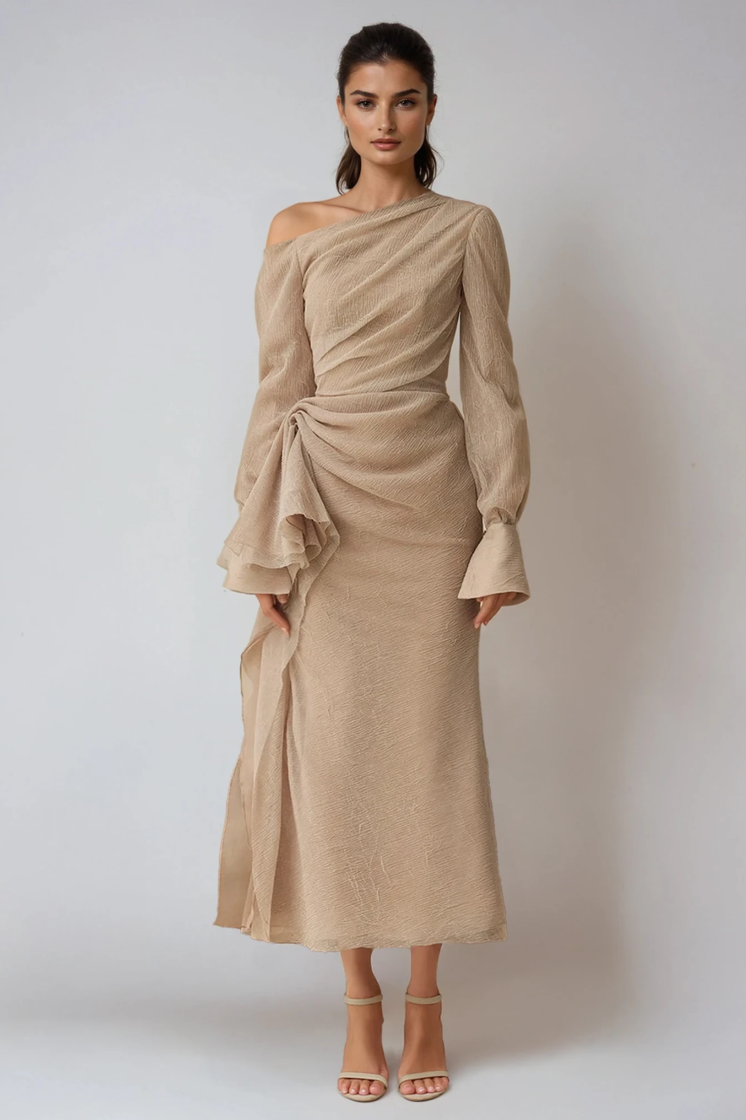One-Shoulder Draped Long Sleeve Formal Maxi Dress