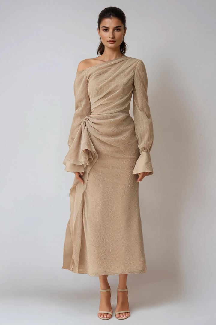 One-Shoulder Draped Long Sleeve Formal Maxi Dress