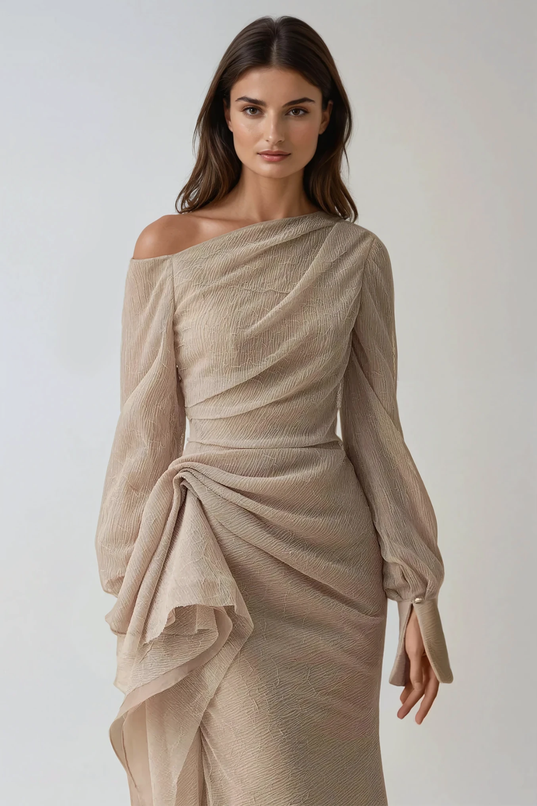 One-Shoulder Draped Long Sleeve Formal Maxi Dress
