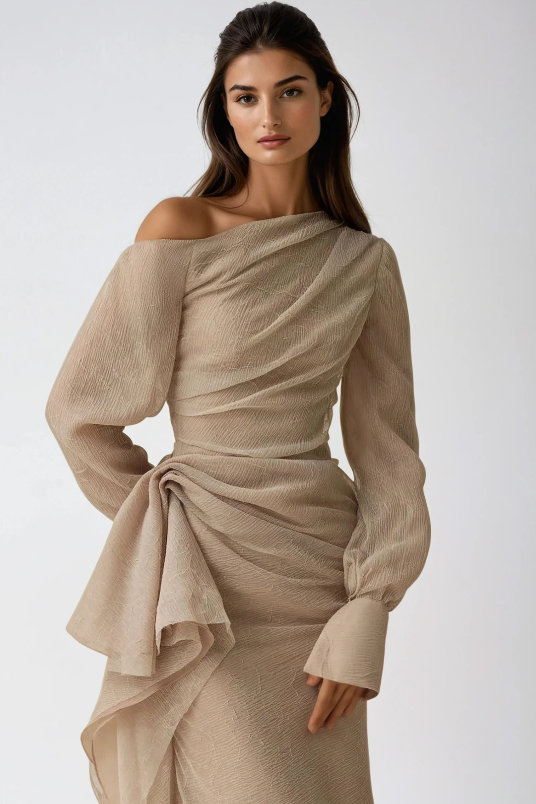 One-Shoulder Draped Long Sleeve Formal Maxi Dress