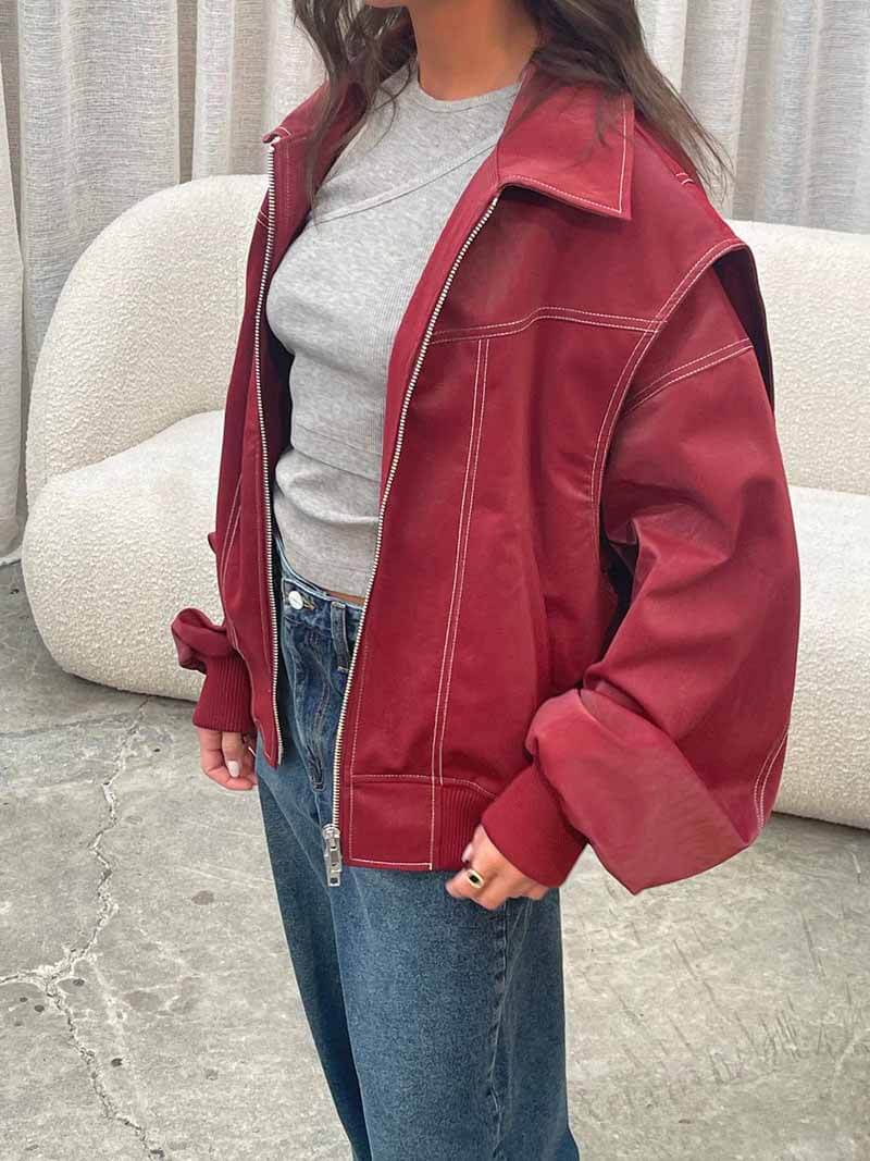 Oversized Zip-Up Bomber Jacket with Collar for Women