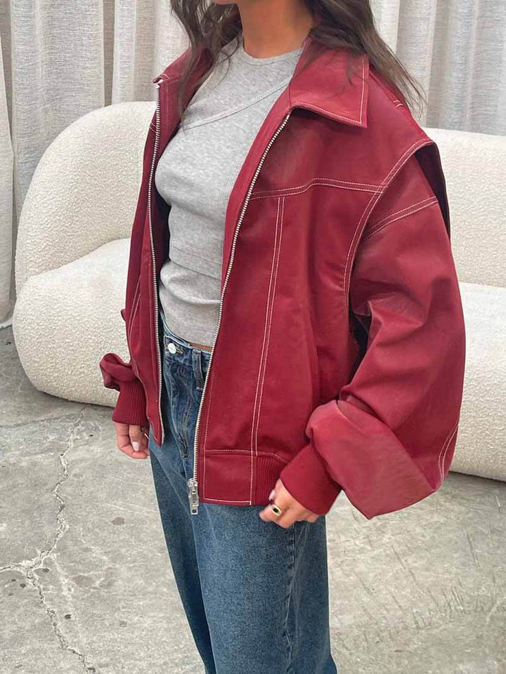 Oversized Zip-Up Bomber Jacket with Collar for Women