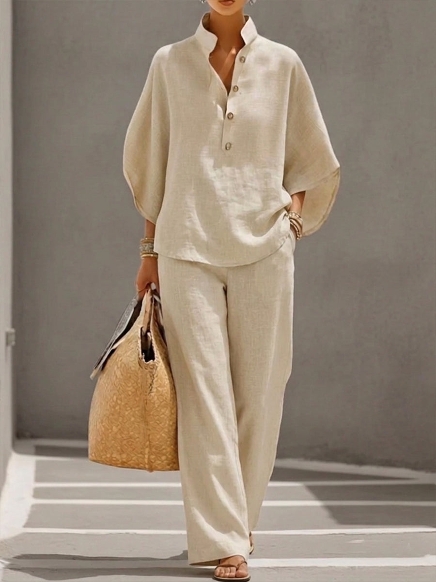 Petra | Women’s Button Placket Two-Piece Set with Wide-Leg
