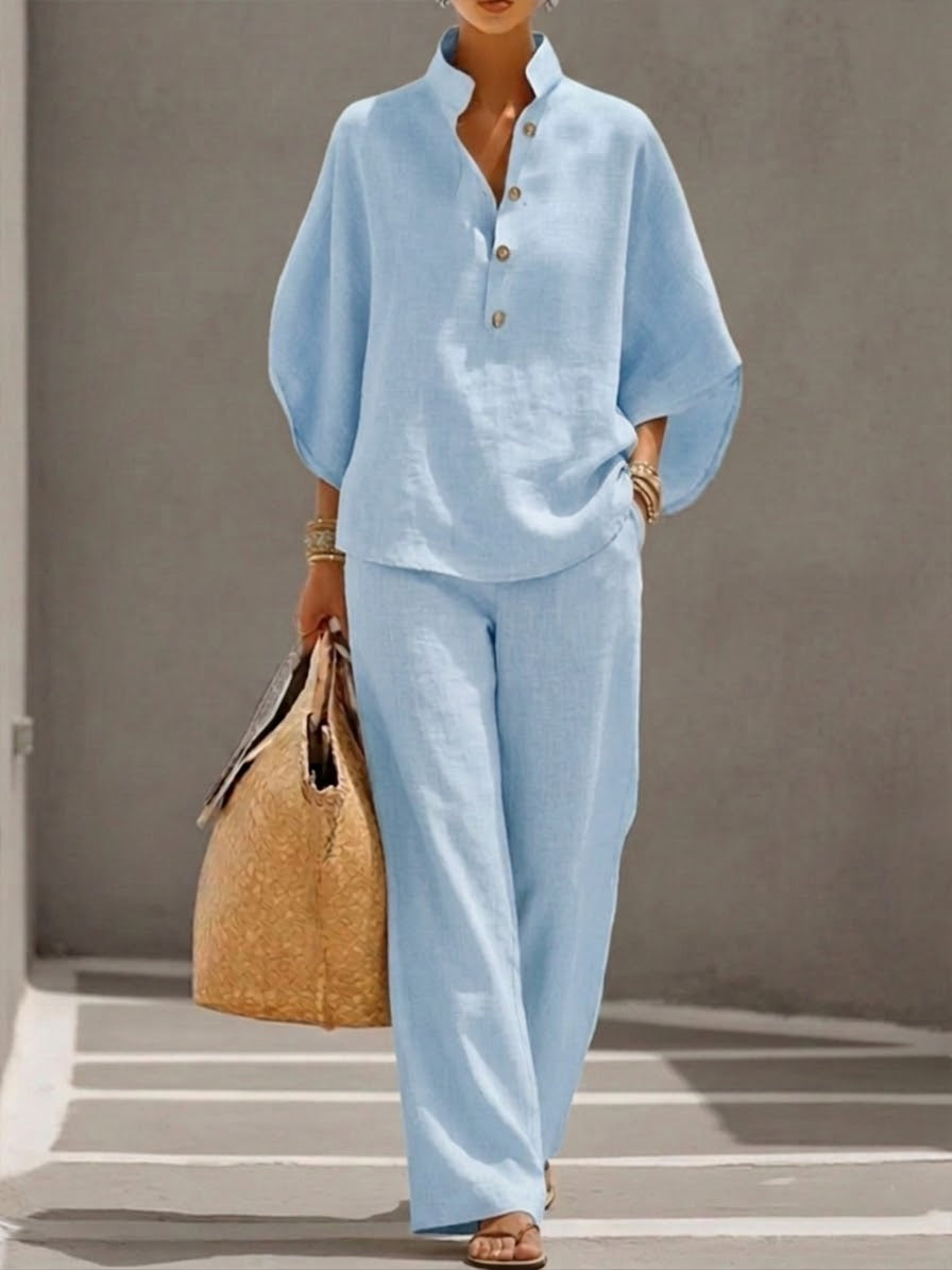 Petra | Women’s Button Placket Two-Piece Set with Wide-Leg