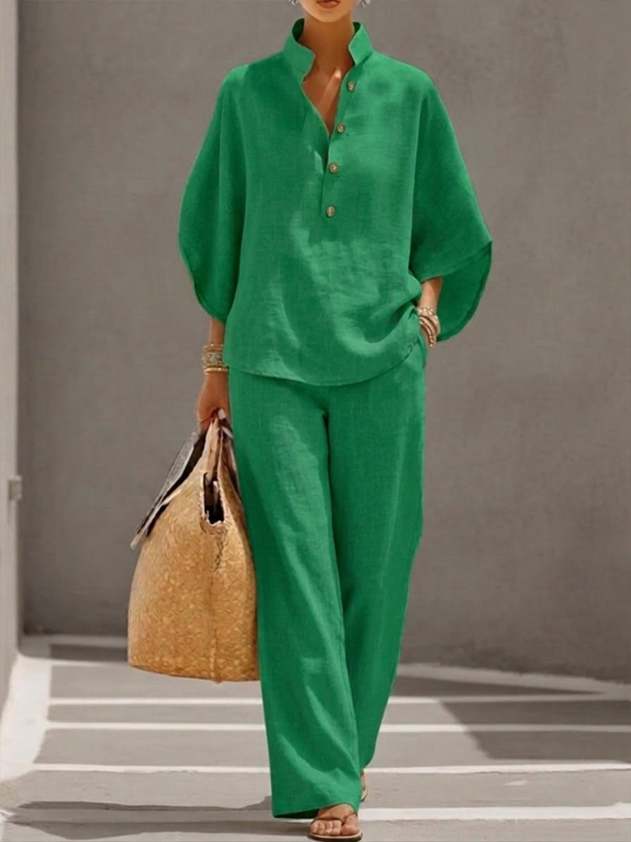 Petra | Women’s Button Placket Two-Piece Set with Wide-Leg