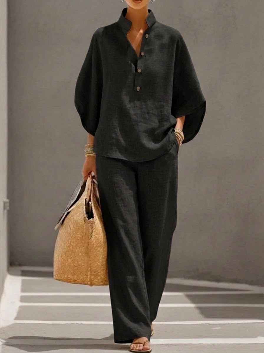 Petra | Women’s Button Placket Two-Piece Set with Wide-Leg