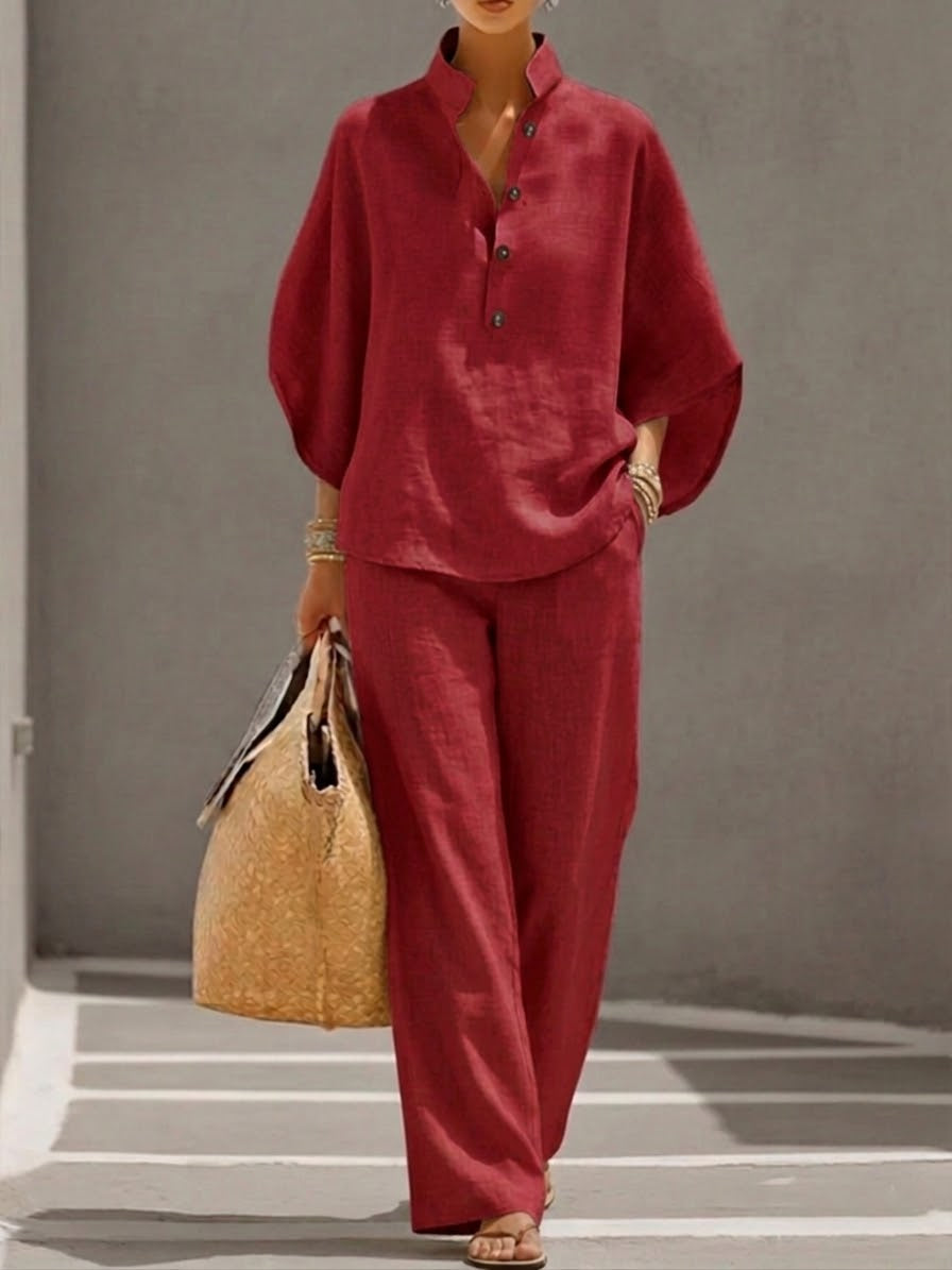 Petra | Women’s Button Placket Two-Piece Set with Wide-Leg