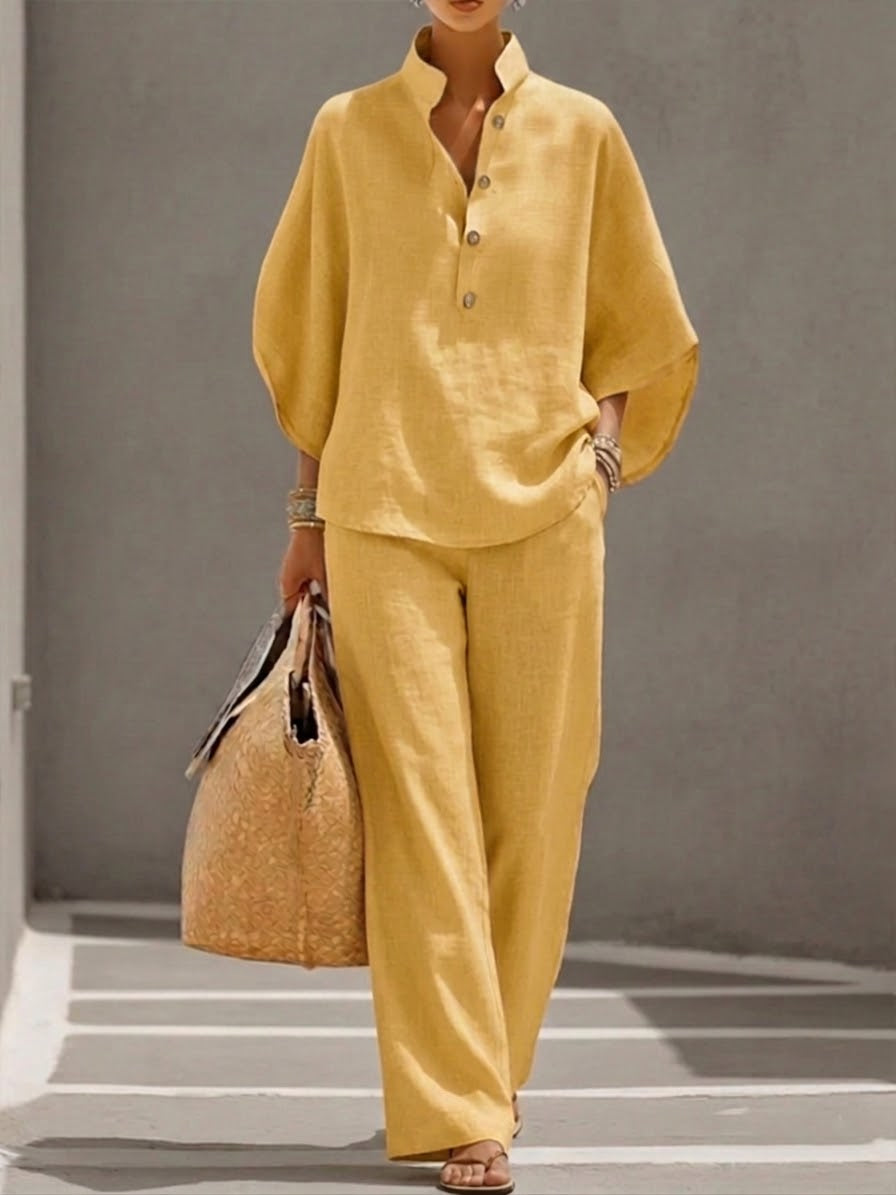 Petra | Women’s Button Placket Two-Piece Set with Wide-Leg