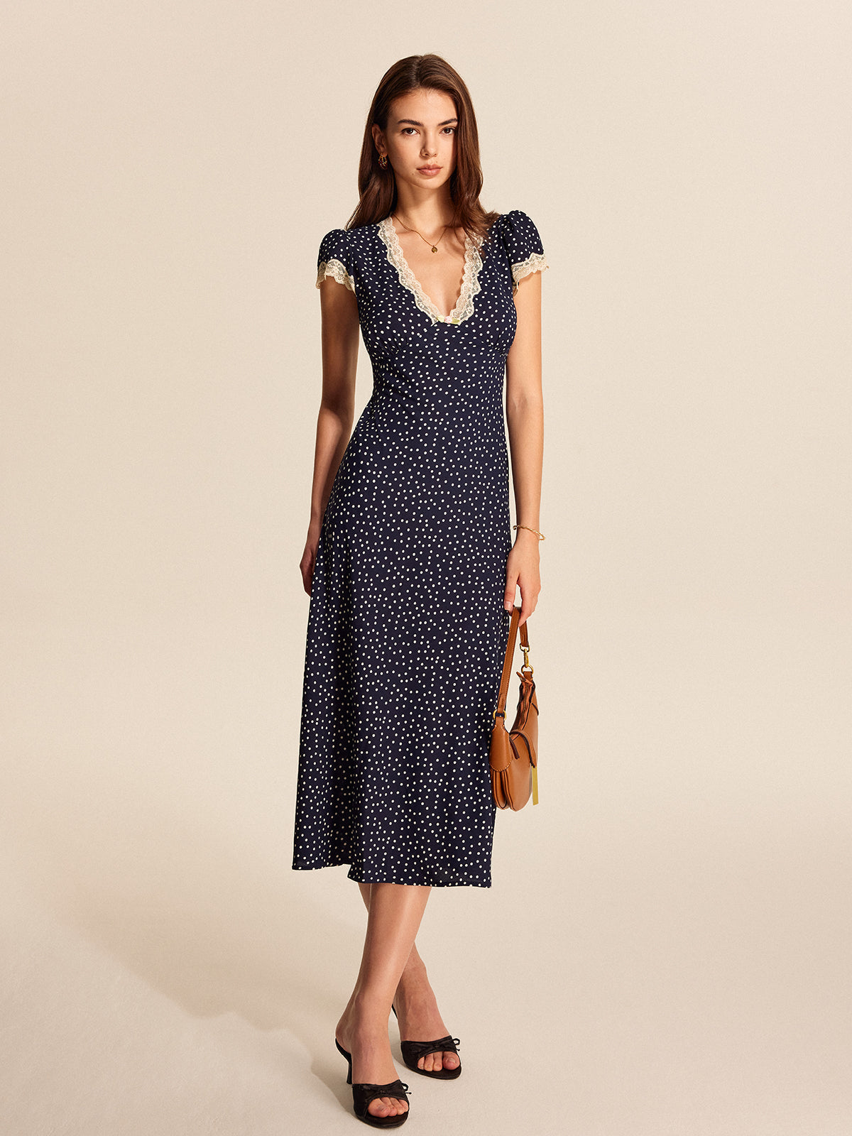 Penelope | Women’s Polka Dot Midi Dress with Lace Trim