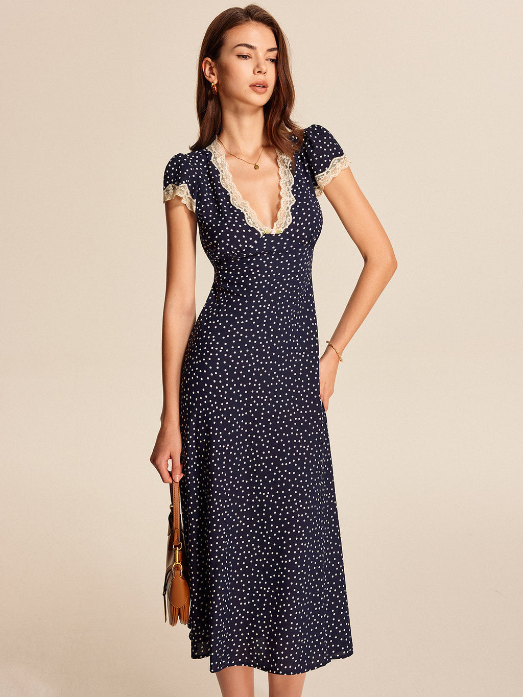 Penelope | Women’s Polka Dot Midi Dress with Lace Trim