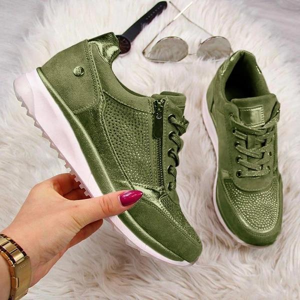 Sparkle | Women's Zip Lace-Up Trainers Rhinestone Detail