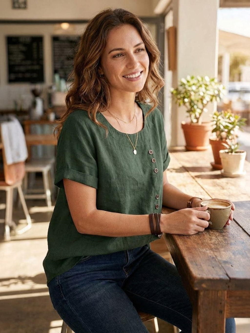 Olive | Women’s Olive Scoop Neck Tee with Buttons