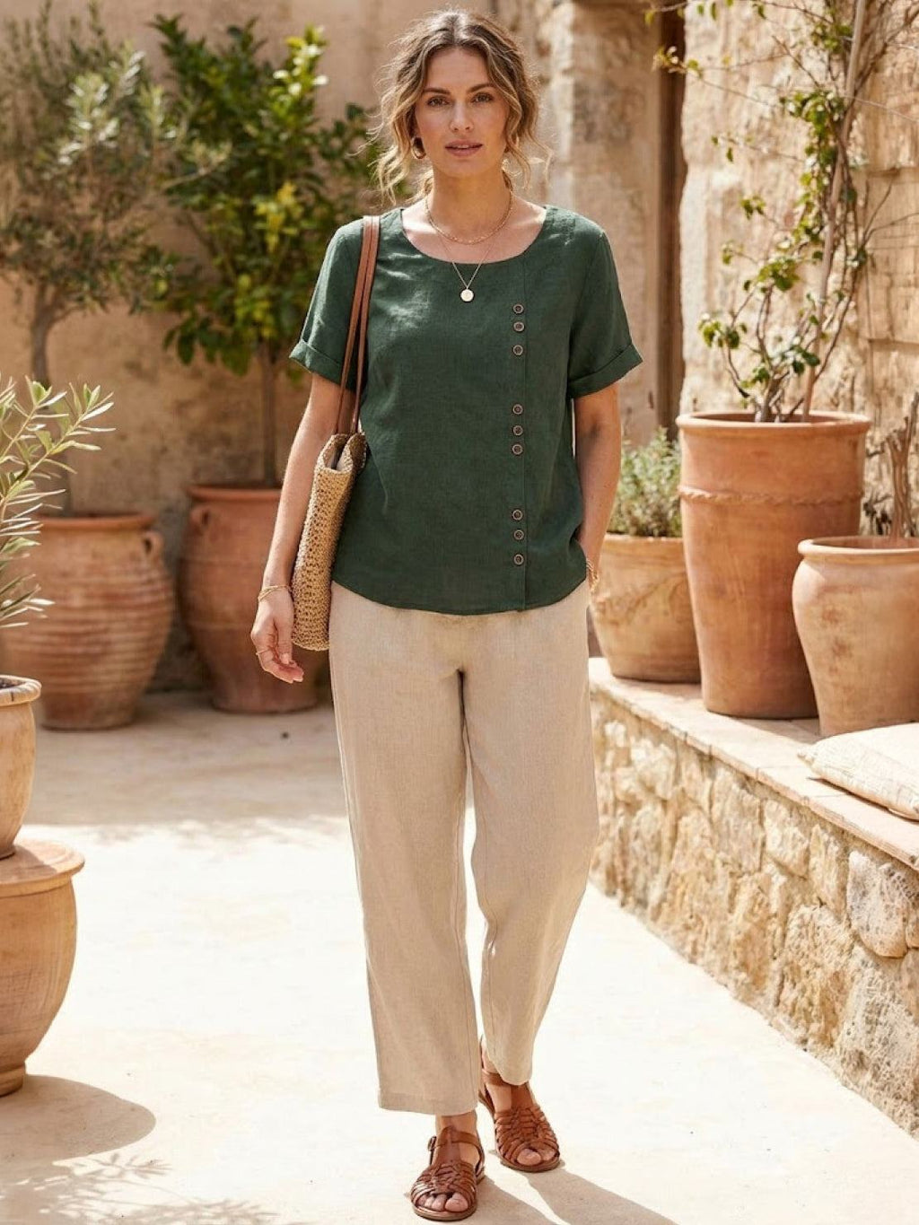 Olive | Women’s Olive Scoop Neck Tee with Buttons