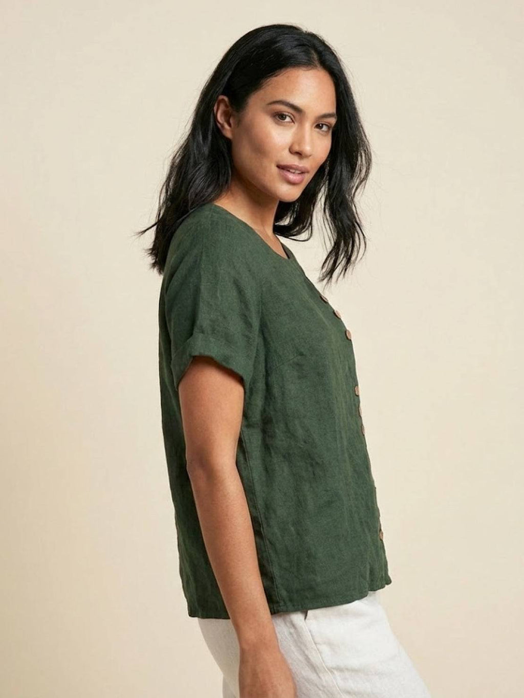 Olive | Women’s Olive Scoop Neck Tee with Buttons