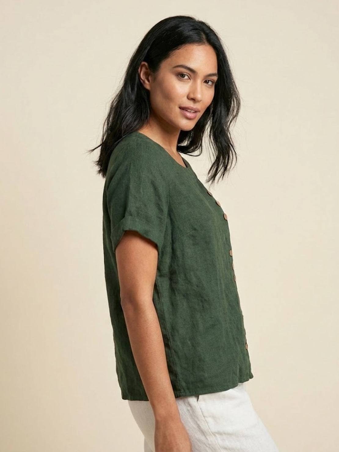 Olive | Women’s Olive Scoop Neck Tee with Buttons